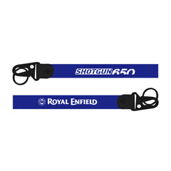 Two blue lanyards with 'Shotgun R50' and 'Royal Enfield' branding on a white background.