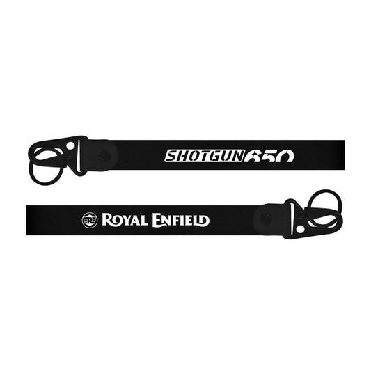 Two black Royal Enfield Shotgun 650 bike Keychain lanyards with 'Shotgun 50' and 'Royal Enfield' branding on a white background.