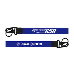Two blue keychains with black clasp featuring 'Super Meteor 650' and 'Royal Enfield' branding on a white background.