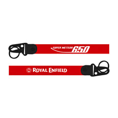 Two red Royal Enfield Super Meteor bike Keychain straps with black buckles and branding on a white background
