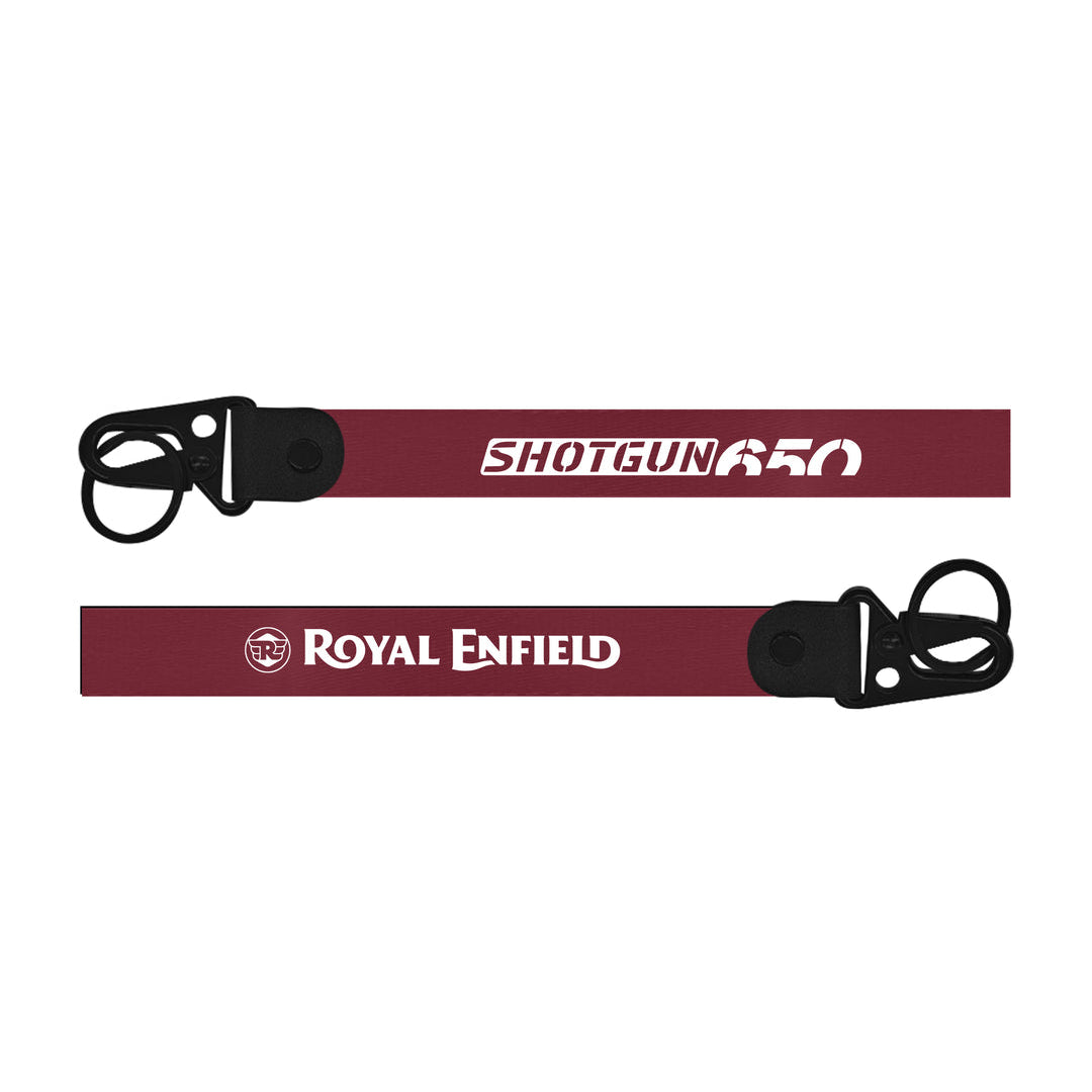 Two red lanyards with black clasps, one labeled 'Shotgun R50' and the other 'Royal Enfield', on a white background.