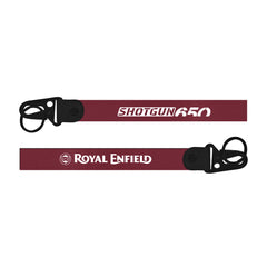 Two red lanyards with black clasps, one labeled 'Shotgun R50' and the other 'Royal Enfield', on a white background.