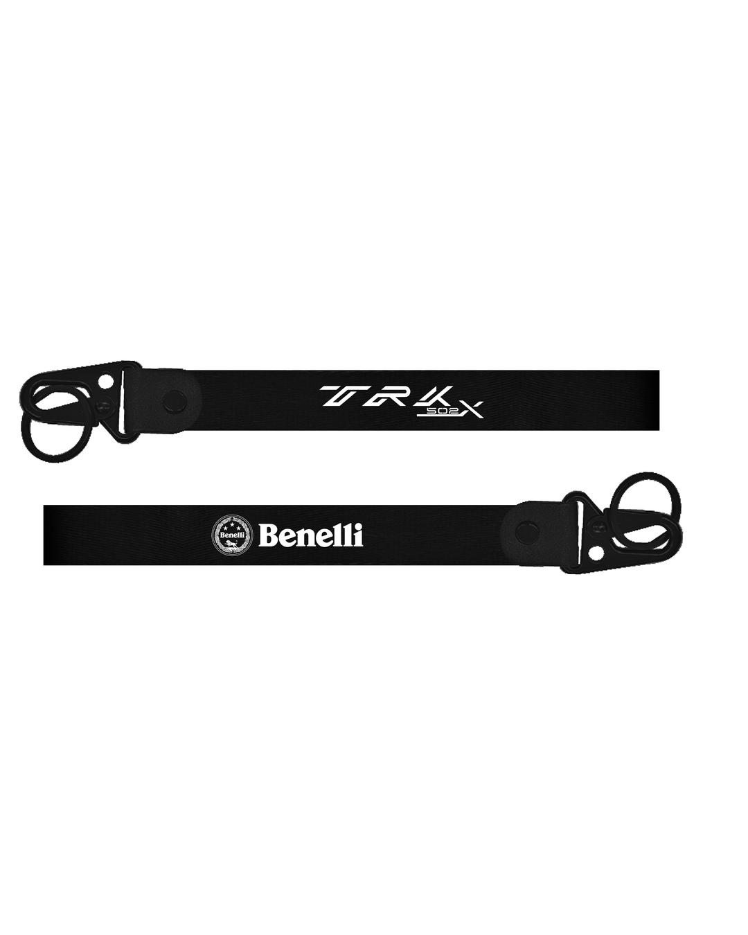 Two black lanyards with 'TRG' and 'Benelli' branding on a white background
