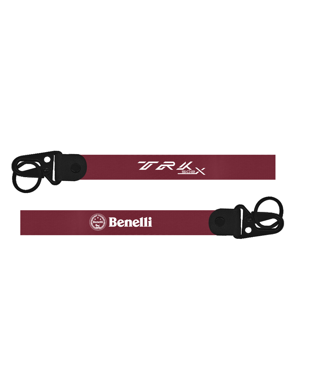 Two red lanyards with black clips and logos on a white background