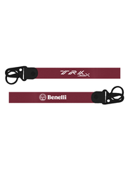 Two red lanyards with black clips and logos on a white background