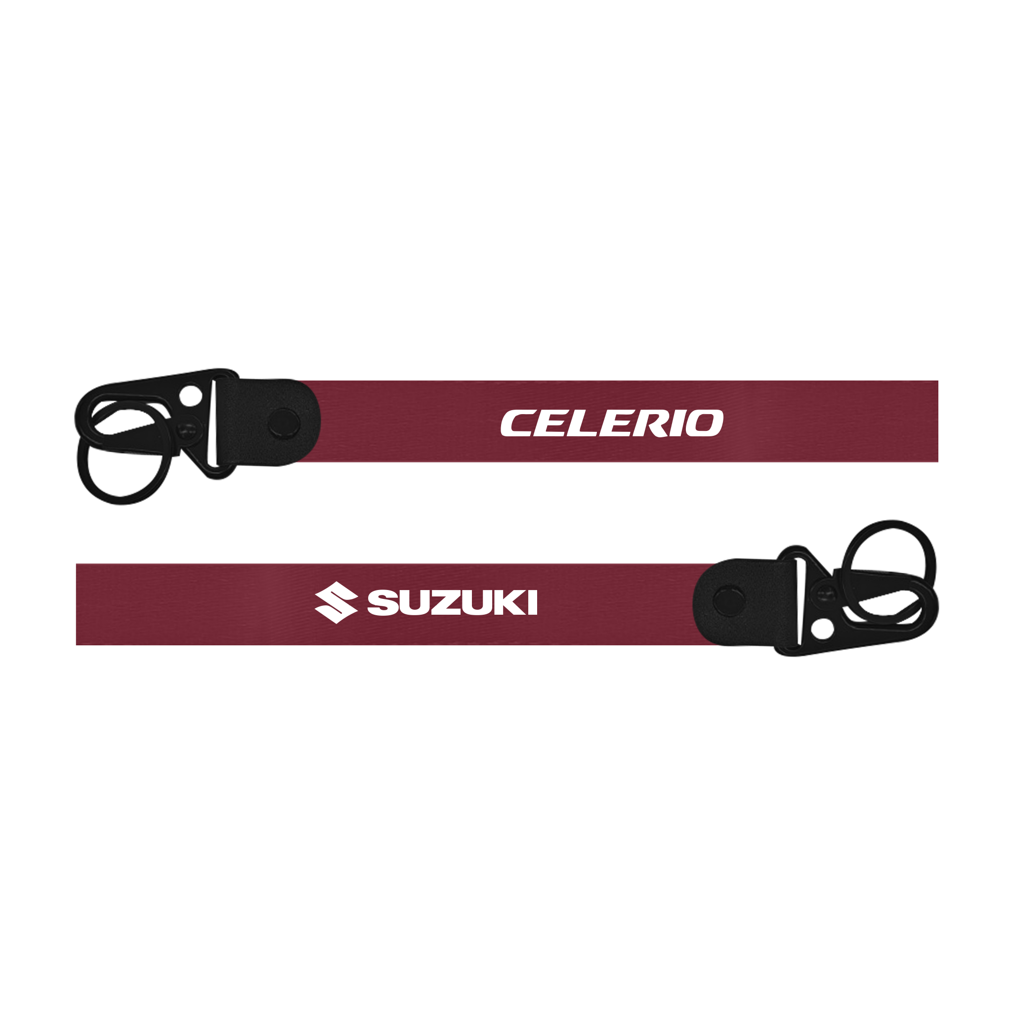 Two maroon lanyards with 'Celerio' and 'Suzuki' branding on a white background