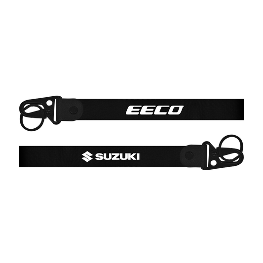 Two black lanyards with 'Eeco' and 'Suzuki' logos on a white background
