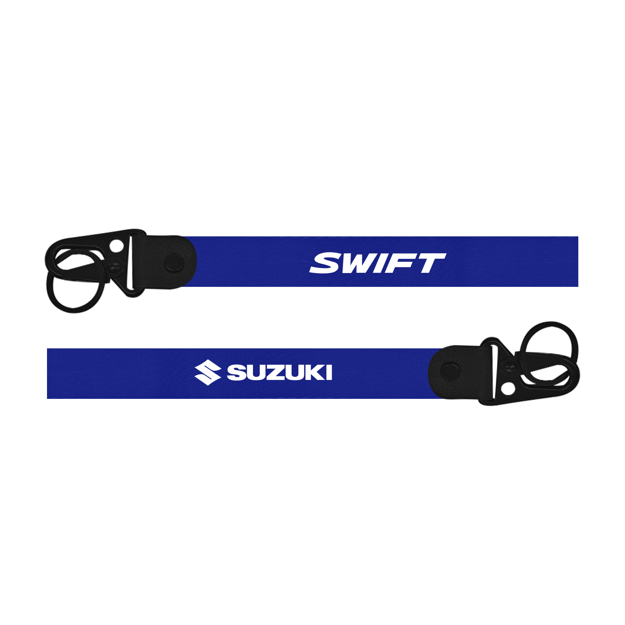 Two blue lanyards with 'Swift' and 'Suzuki' branding on a white background