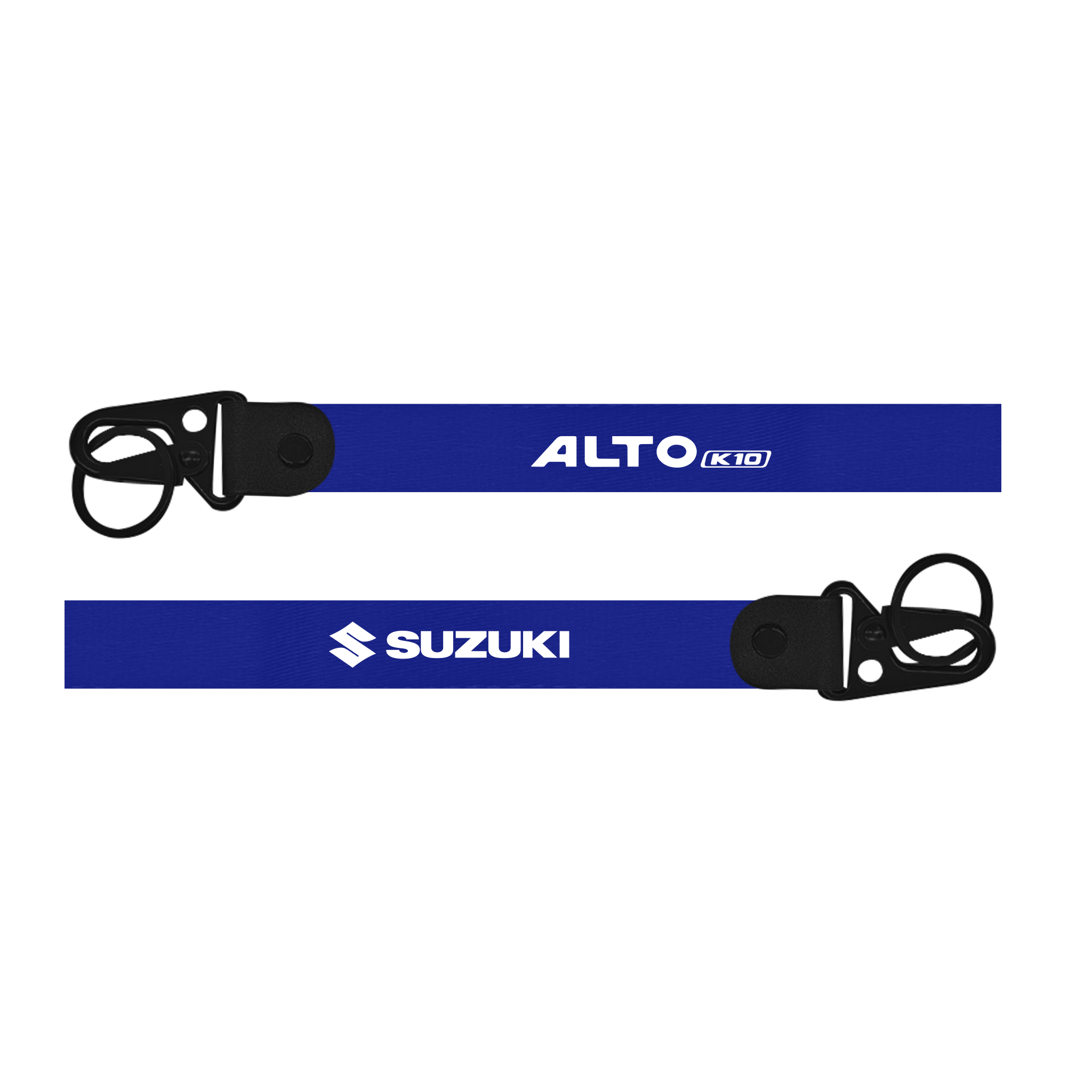 Two blue lanyards with 'Alto K10' and 'Suzuki' branding on a white background.