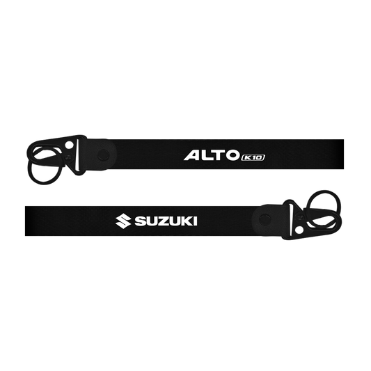 Two black lanyards with 'Alto K10' and 'Suzuki' branding on a white background.
