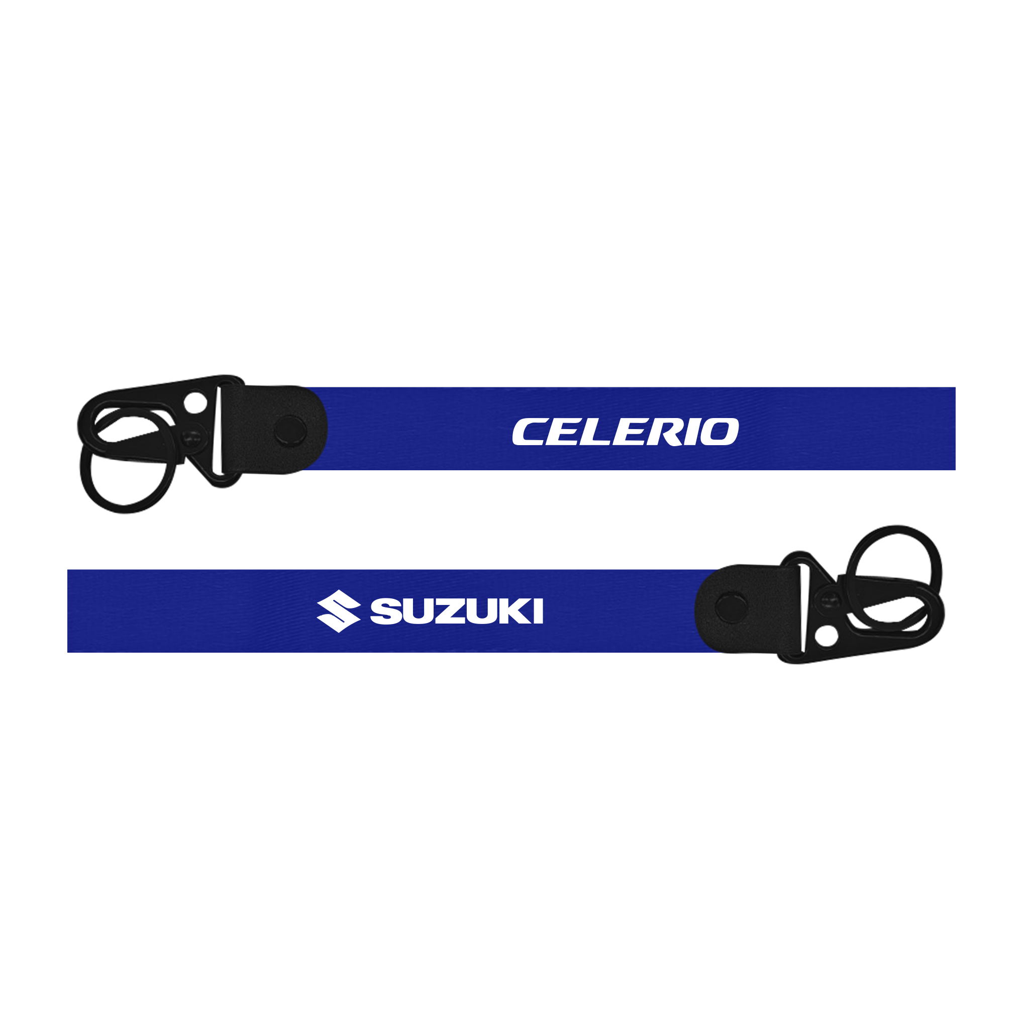 Two blue lanyards with 'Celerio' and 'Suzuki' logos on a white background