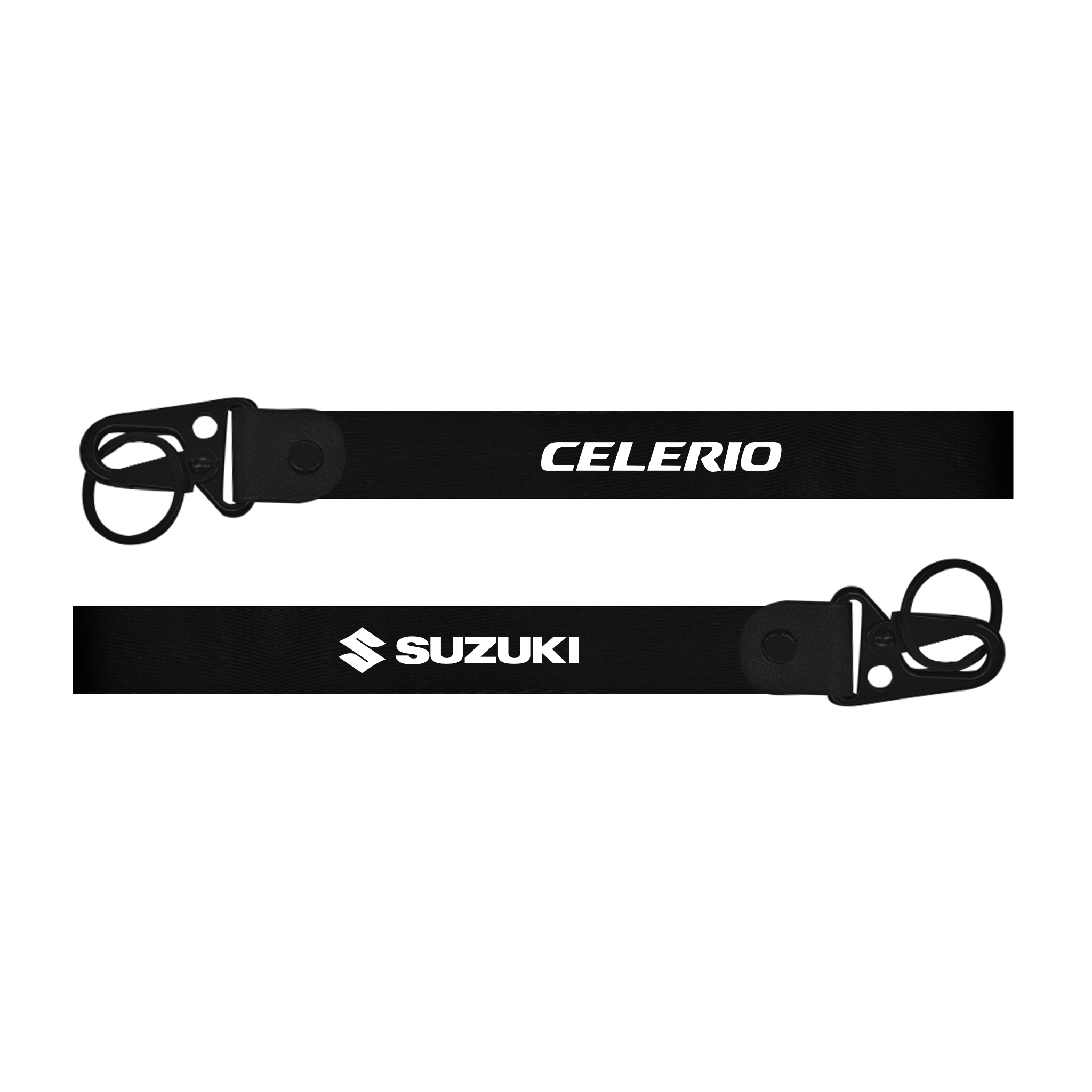 Two black lanyards with 'Celerio' and 'Suzuki' branding on a white background