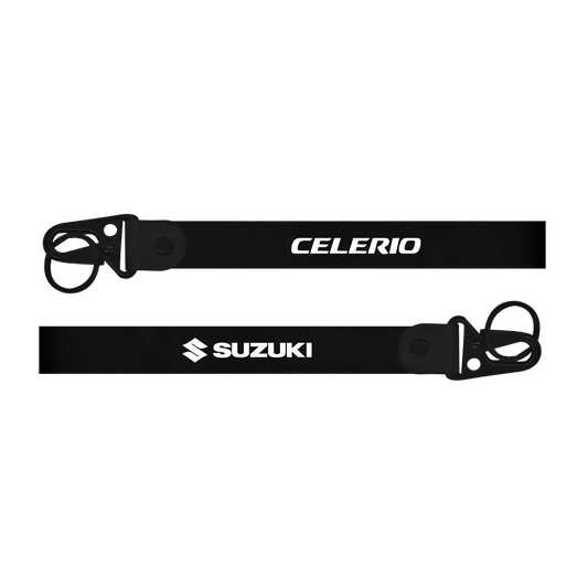 Two black lanyards with 'Celerio' and 'Suzuki' branding on a white background
