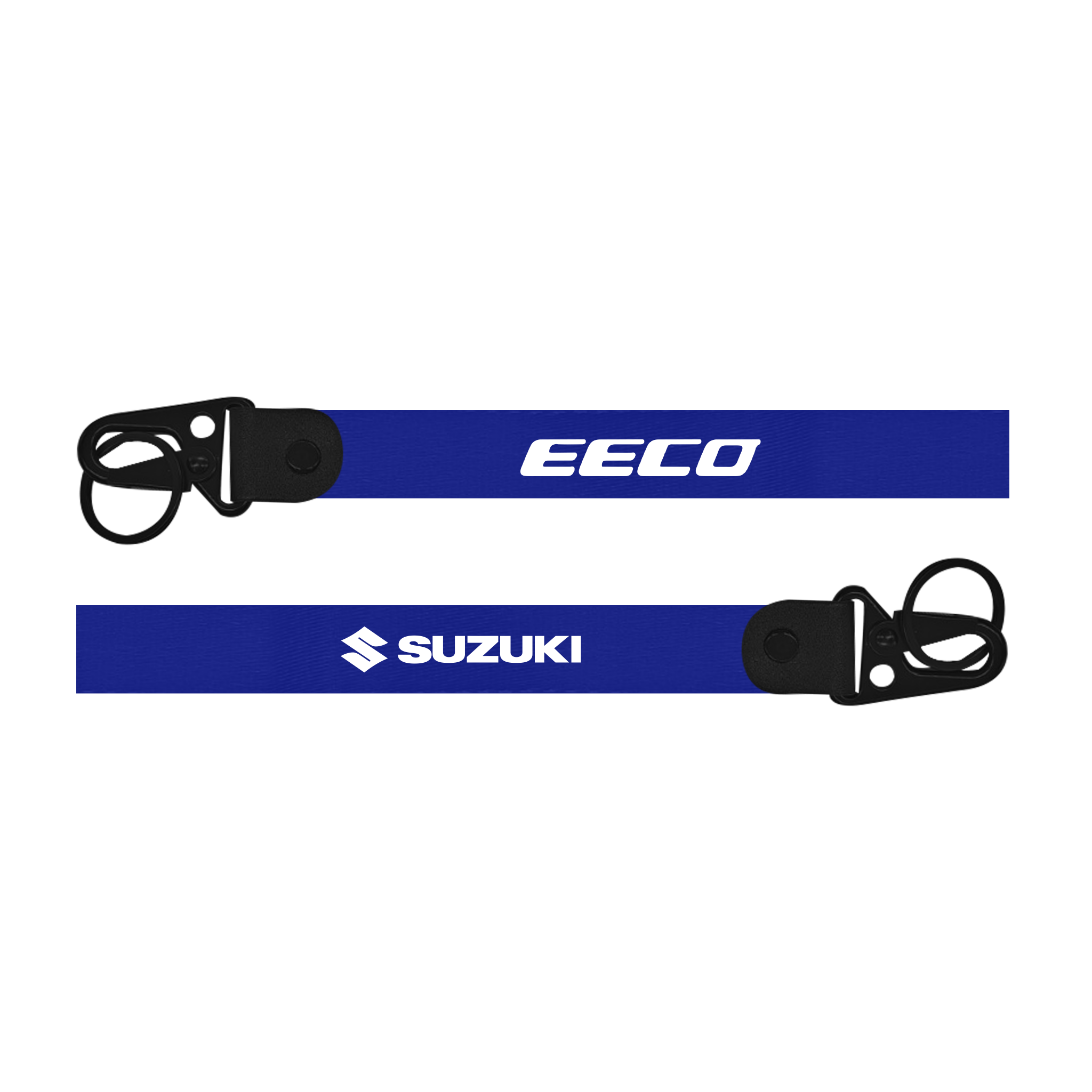 Two blue lanyards with EECO and Suzuki logos on a white background