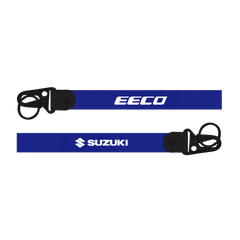 Two blue lanyards with EECO and Suzuki logos on a white background
