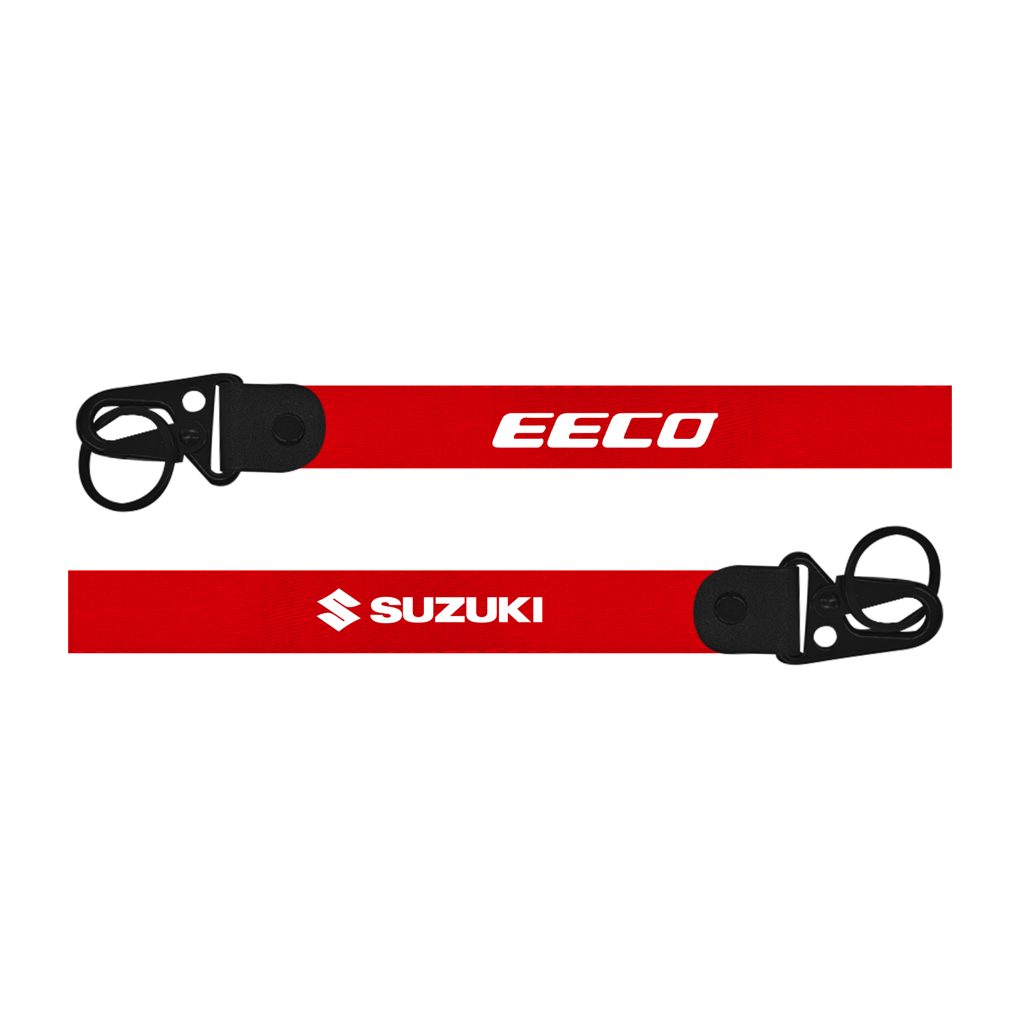 Two red lanyards with 'Eeco' and 'Suzuki' logos on a white background