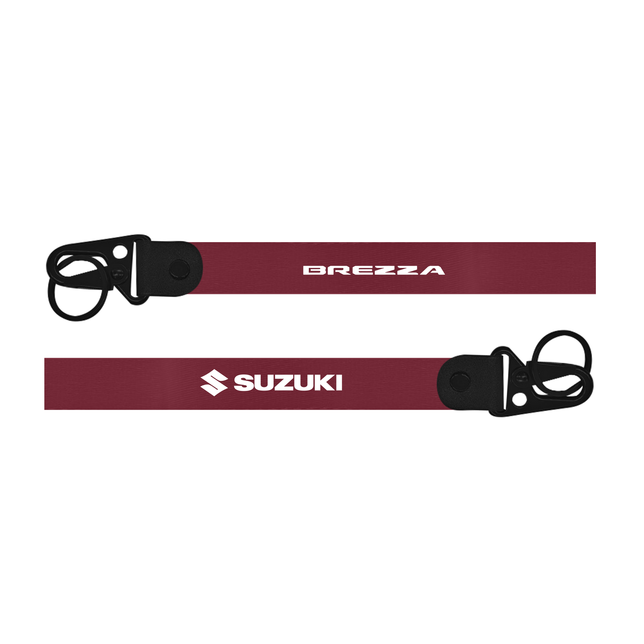 Two maroon straps with 'Brezza' and 'Suzuki' branding on a white background