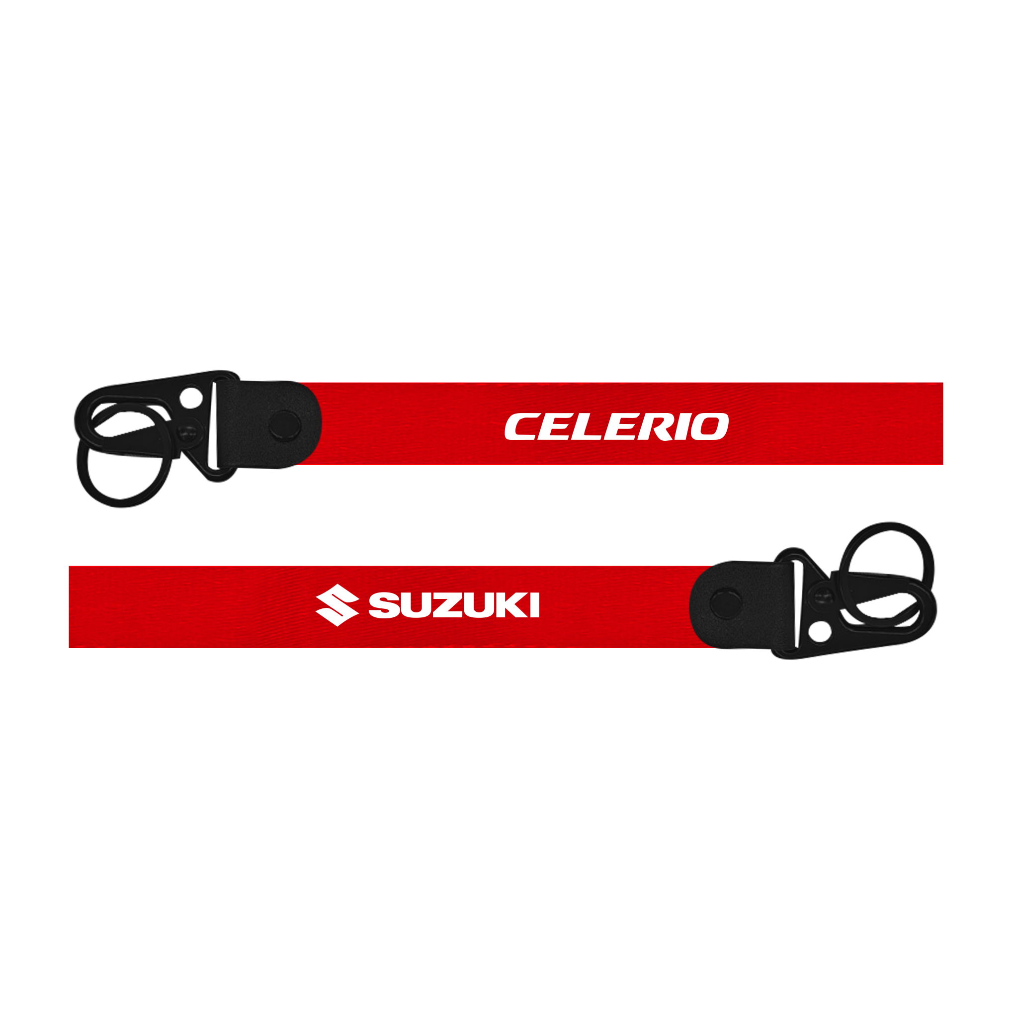 Two red lanyards with 'Celerio' and 'Suzuki' logos on a white background