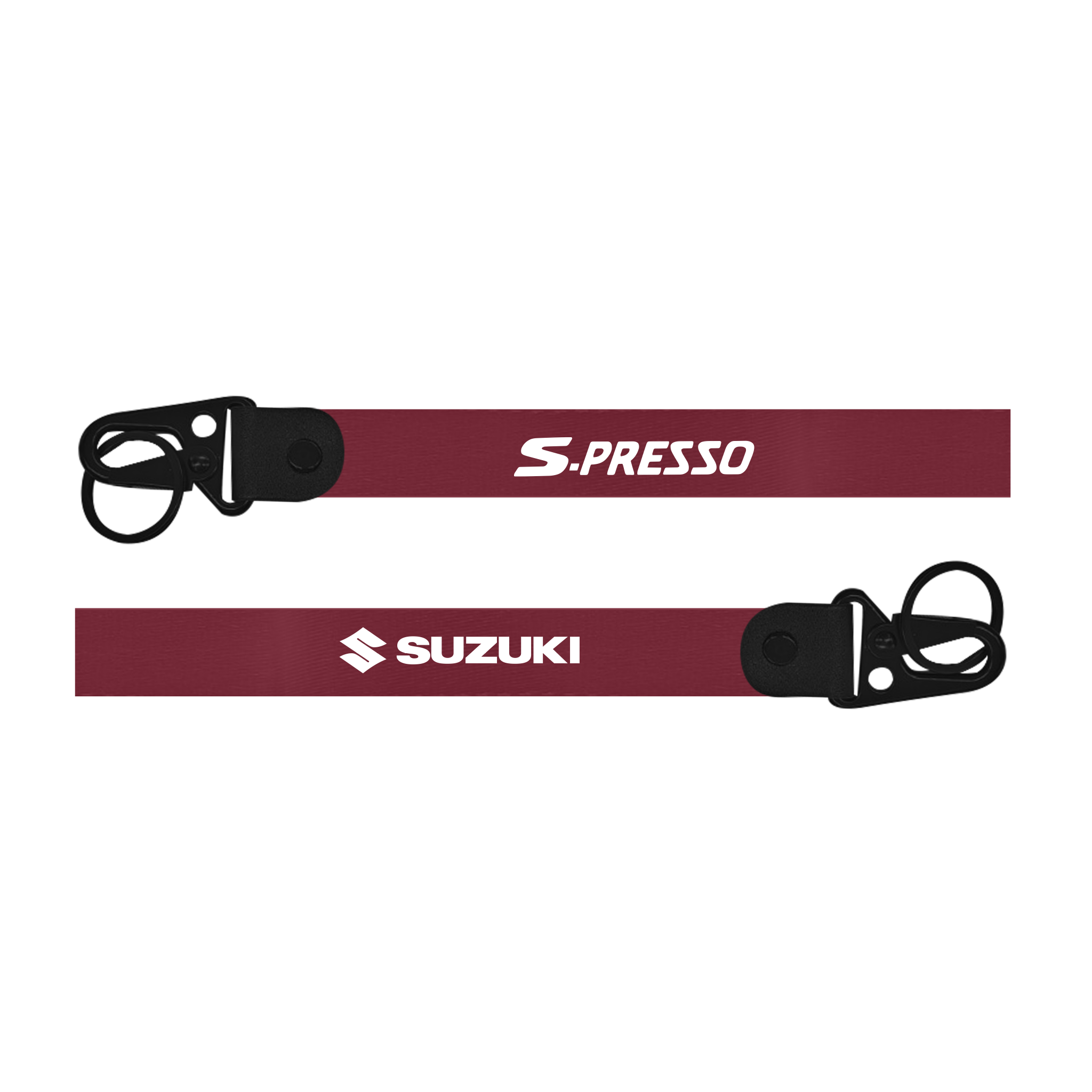 Two maroon lanyards with 'S-Presso' and 'Suzuki' logos on a white background