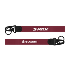 Two maroon lanyards with 'S-Presso' and 'Suzuki' logos on a white background