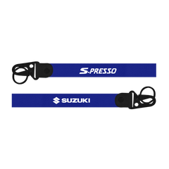 Two blue lanyards with 'S.Presso' and 'Suzuki' logos on a white background
