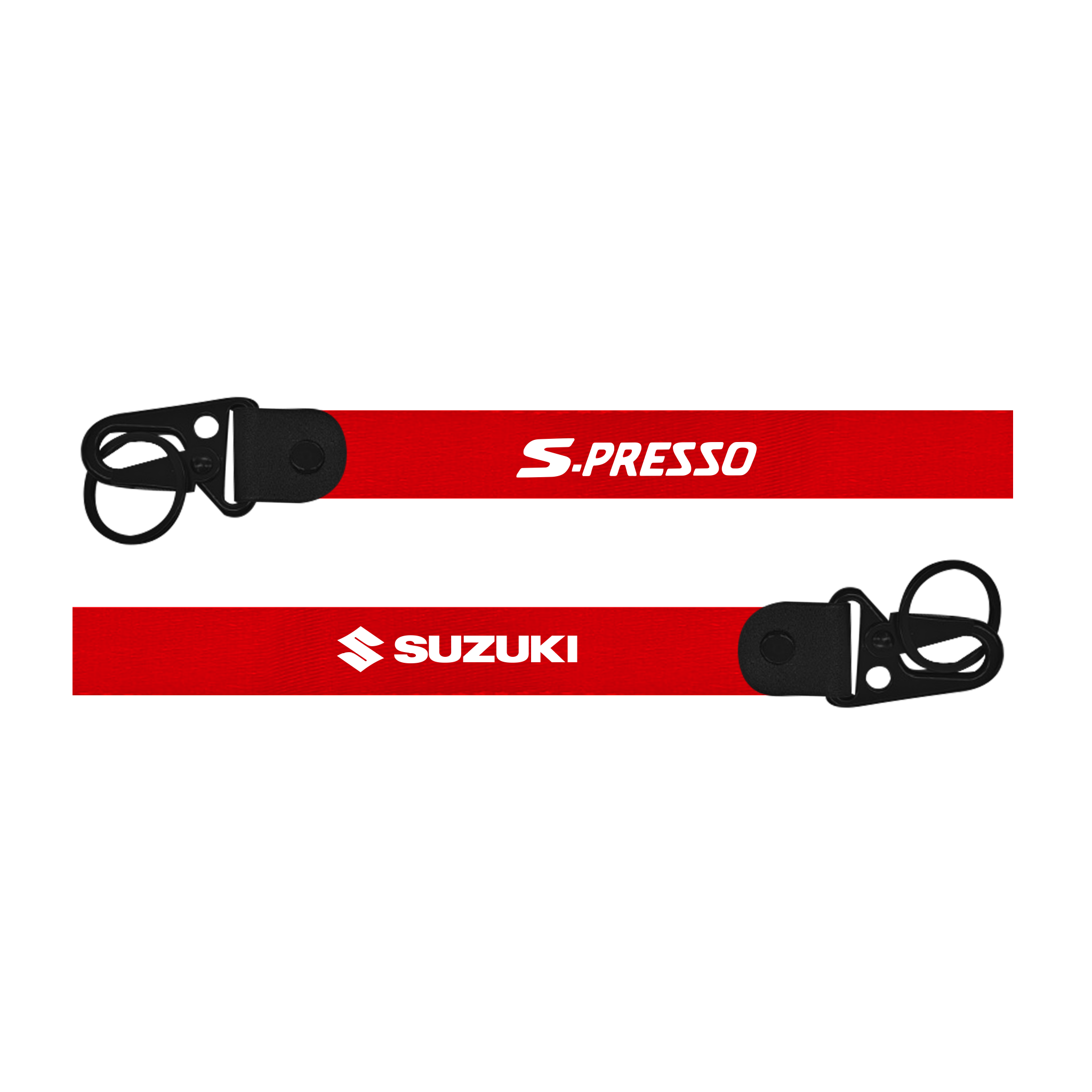 Two red lanyards with 'S-Presso' and 'Suzuki' logos on a white background