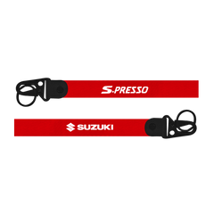 Two red lanyards with 'S-Presso' and 'Suzuki' logos on a white background