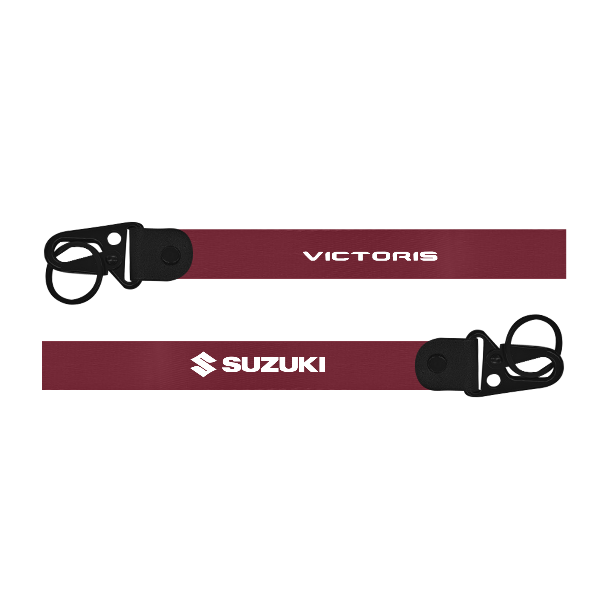Two red lanyards with 'Victoris' and 'Suzuki' branding on a white background
