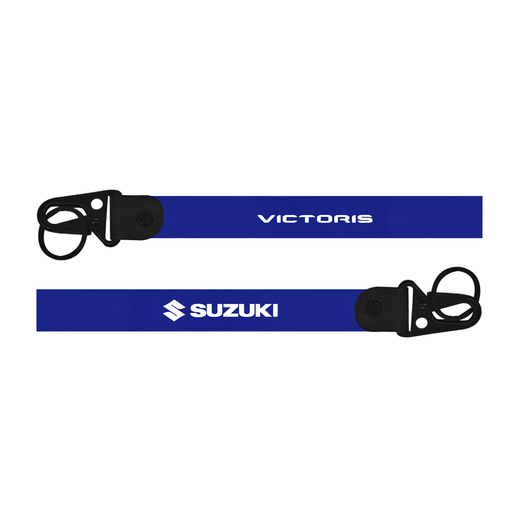 Two blue lanyards with 'Victoris' and 'Suzuki' logos on a white background
