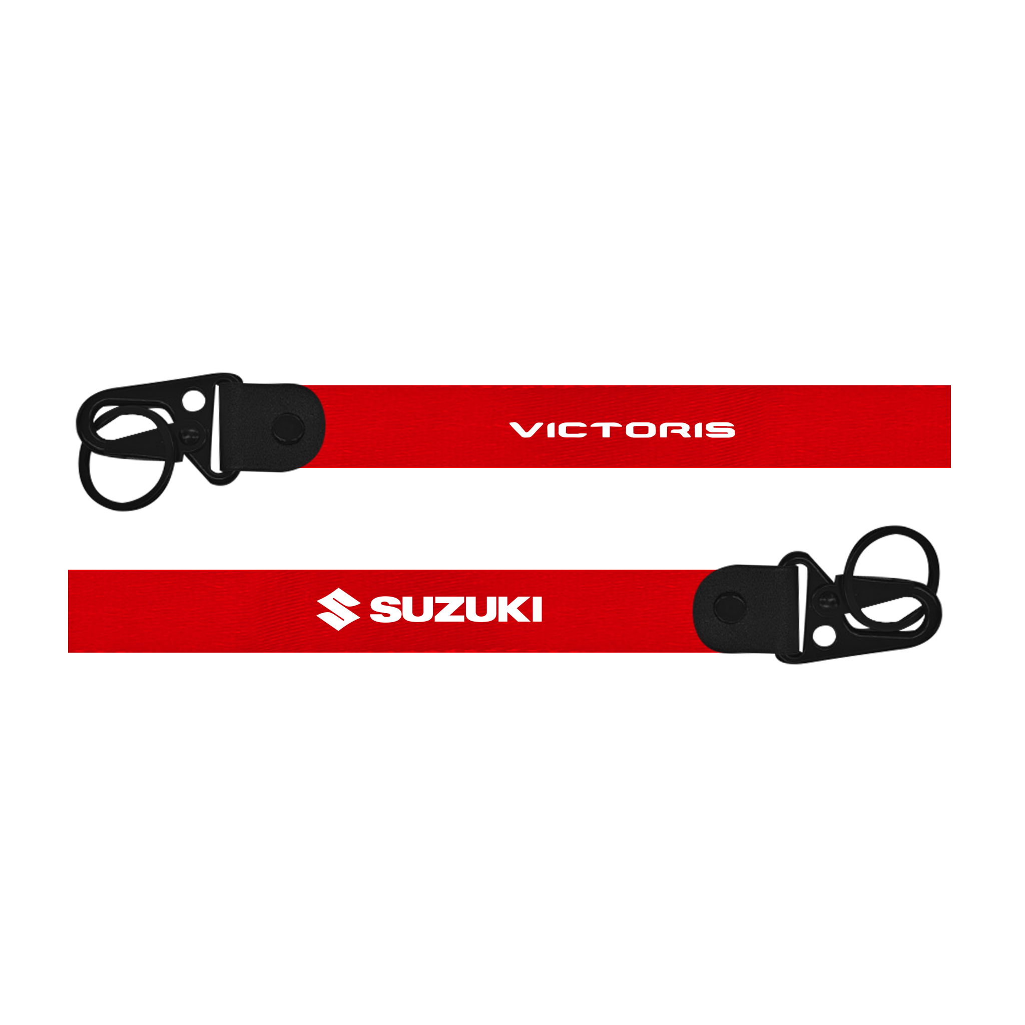 Two red lanyards with 'Victoris' and 'Suzuki' branding on a white background