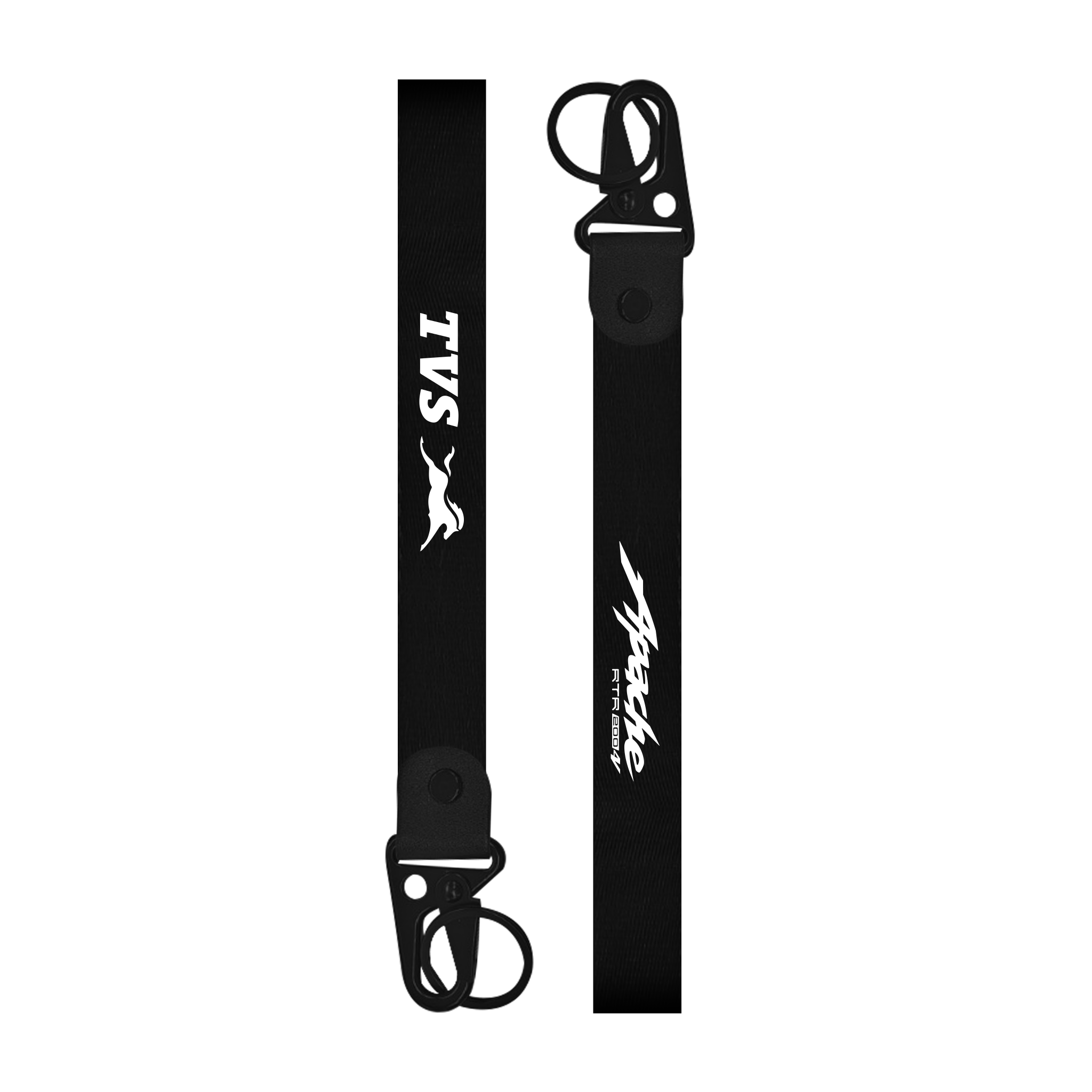 Black lanyard with logos on a white background