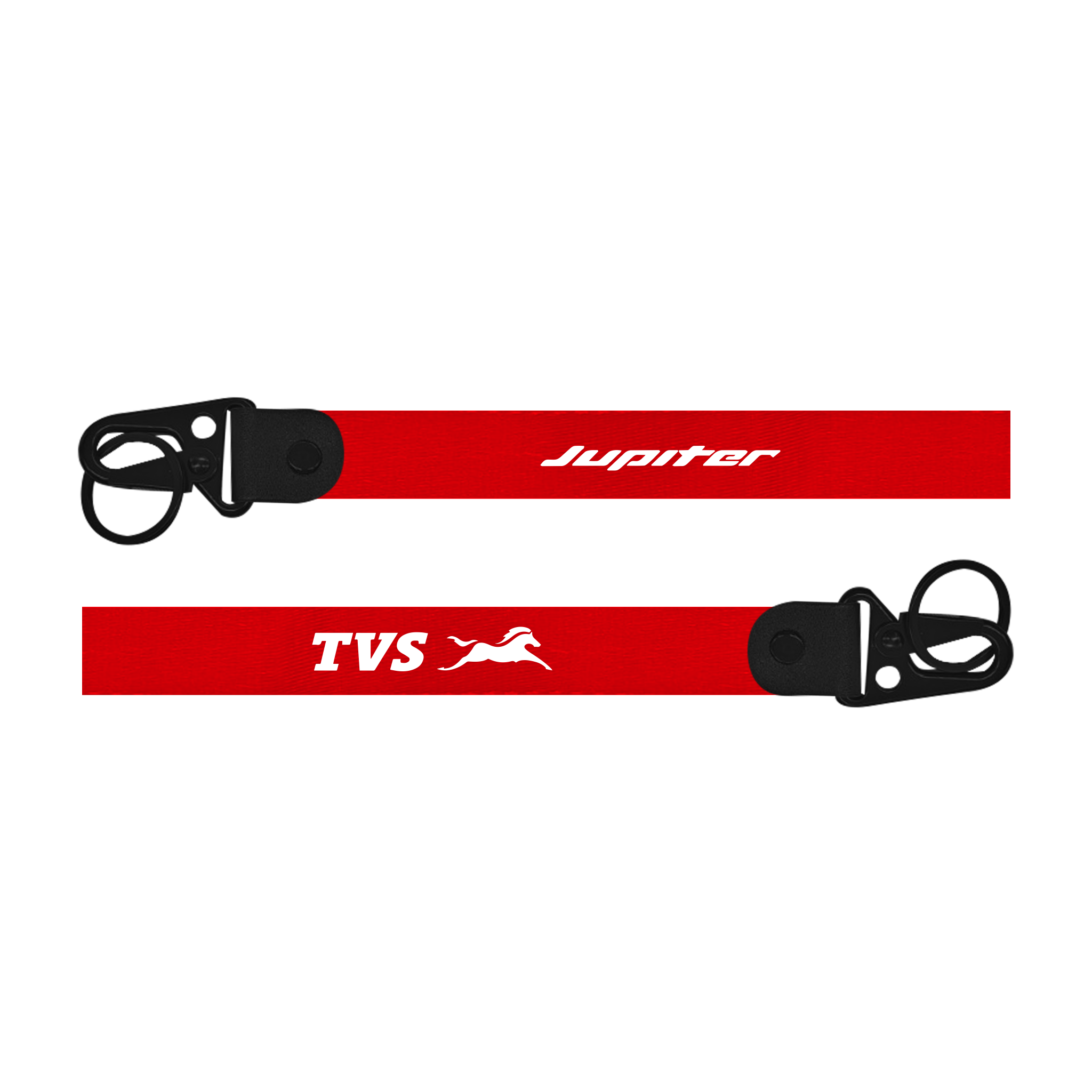 Two red lanyards with 'TVS' and 'Jupiter' branding on a white background