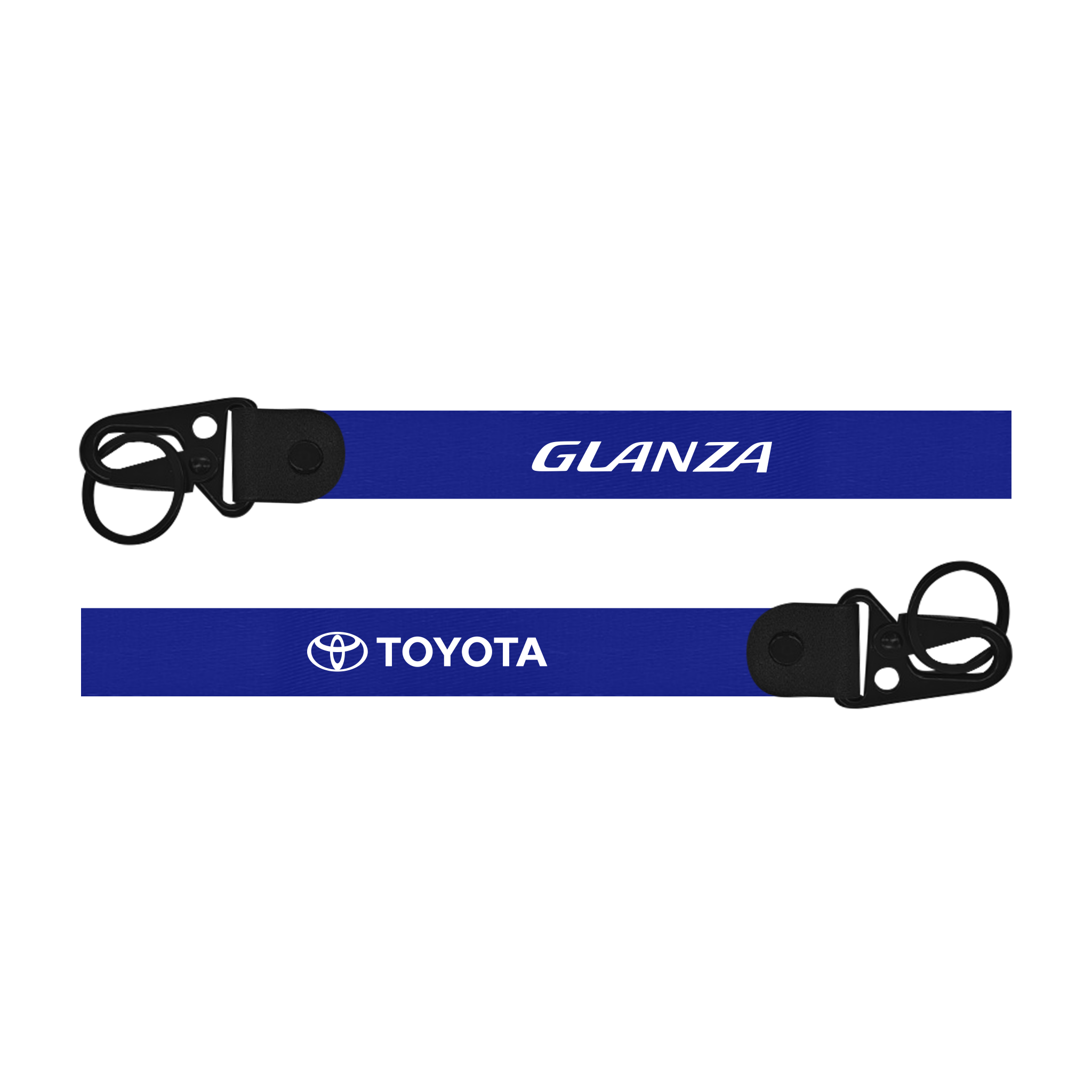 Two blue lanyards with 'Glanza' and 'Toyota' logos on a white background