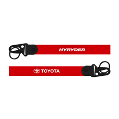 Red lanyard with 'Hyryder' and 'Toyota' logos on a white background