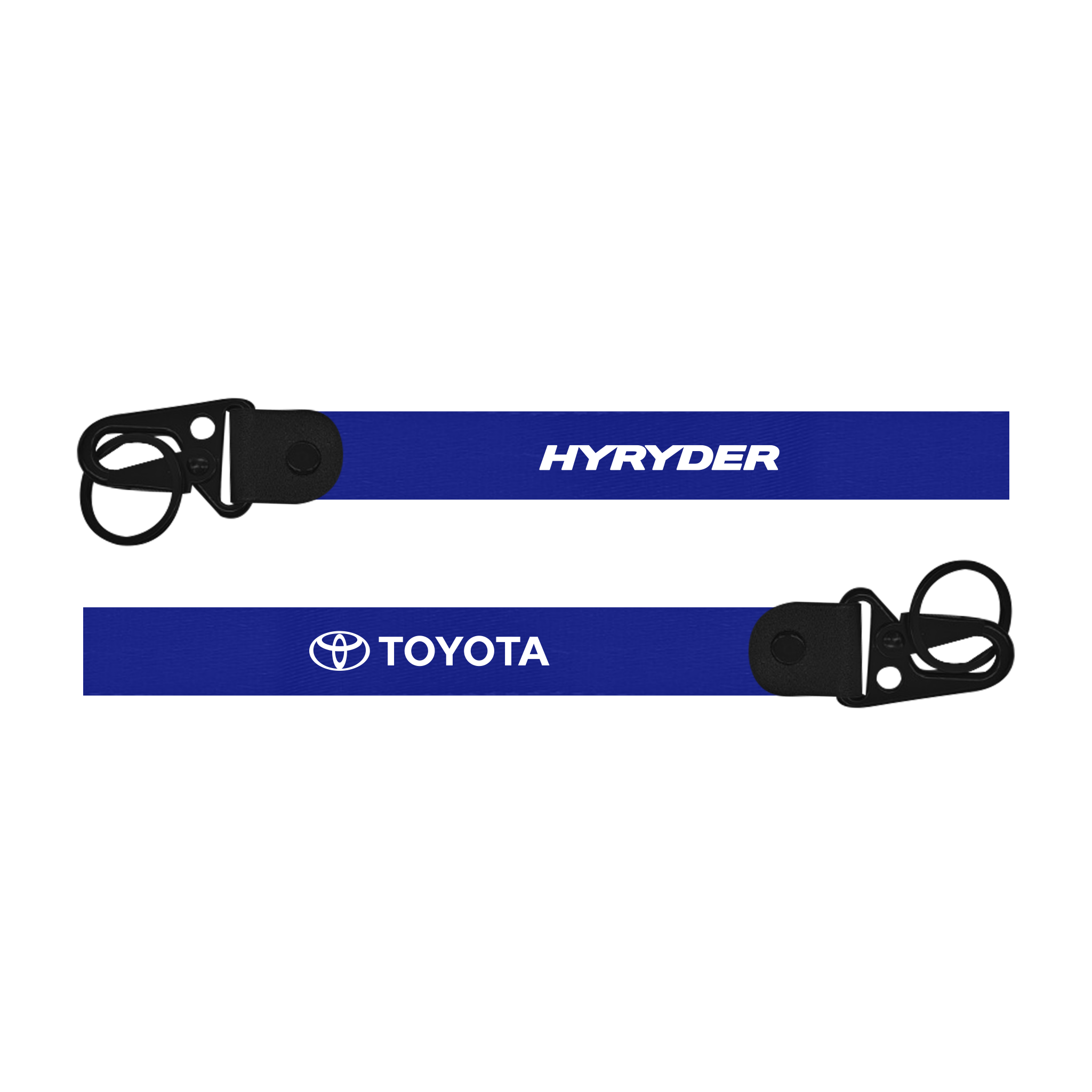 Two blue lanyards with 'Hyryder' and 'Toyota' logos on a white background