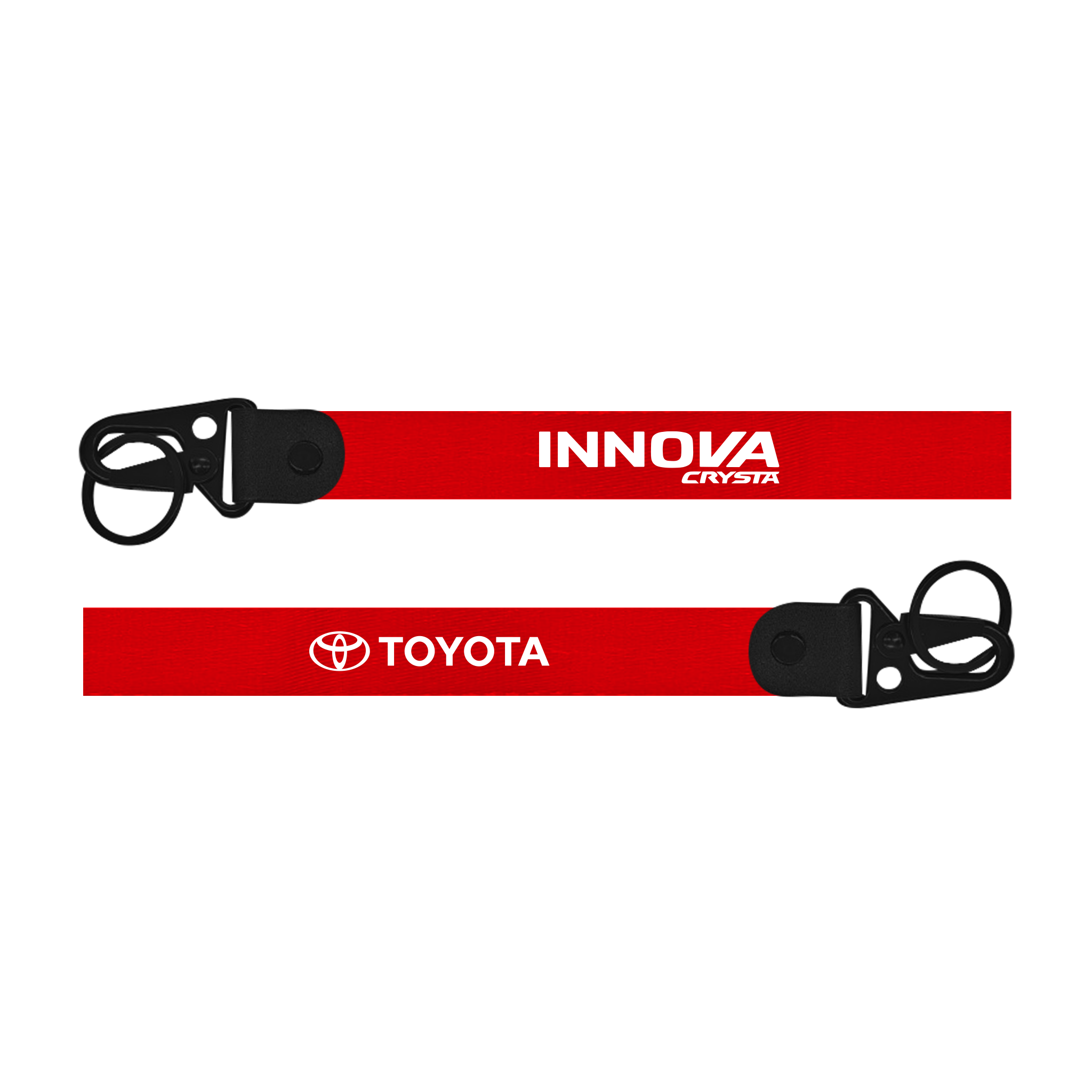 Two red lanyards with 'Innova' and 'Toyota' logos on a white background
