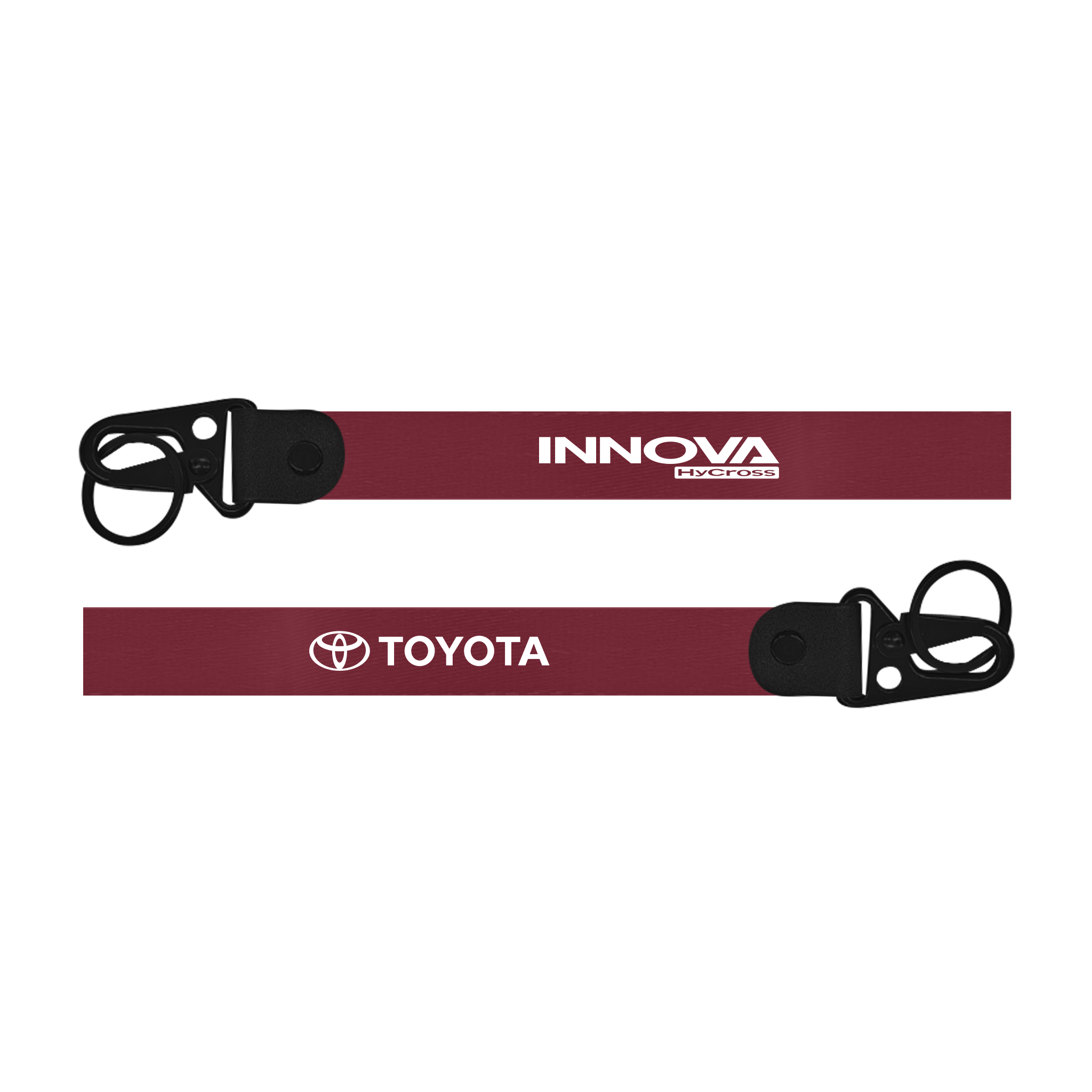 Two red lanyards with black ends featuring Innova and Toyota logos on a white background.