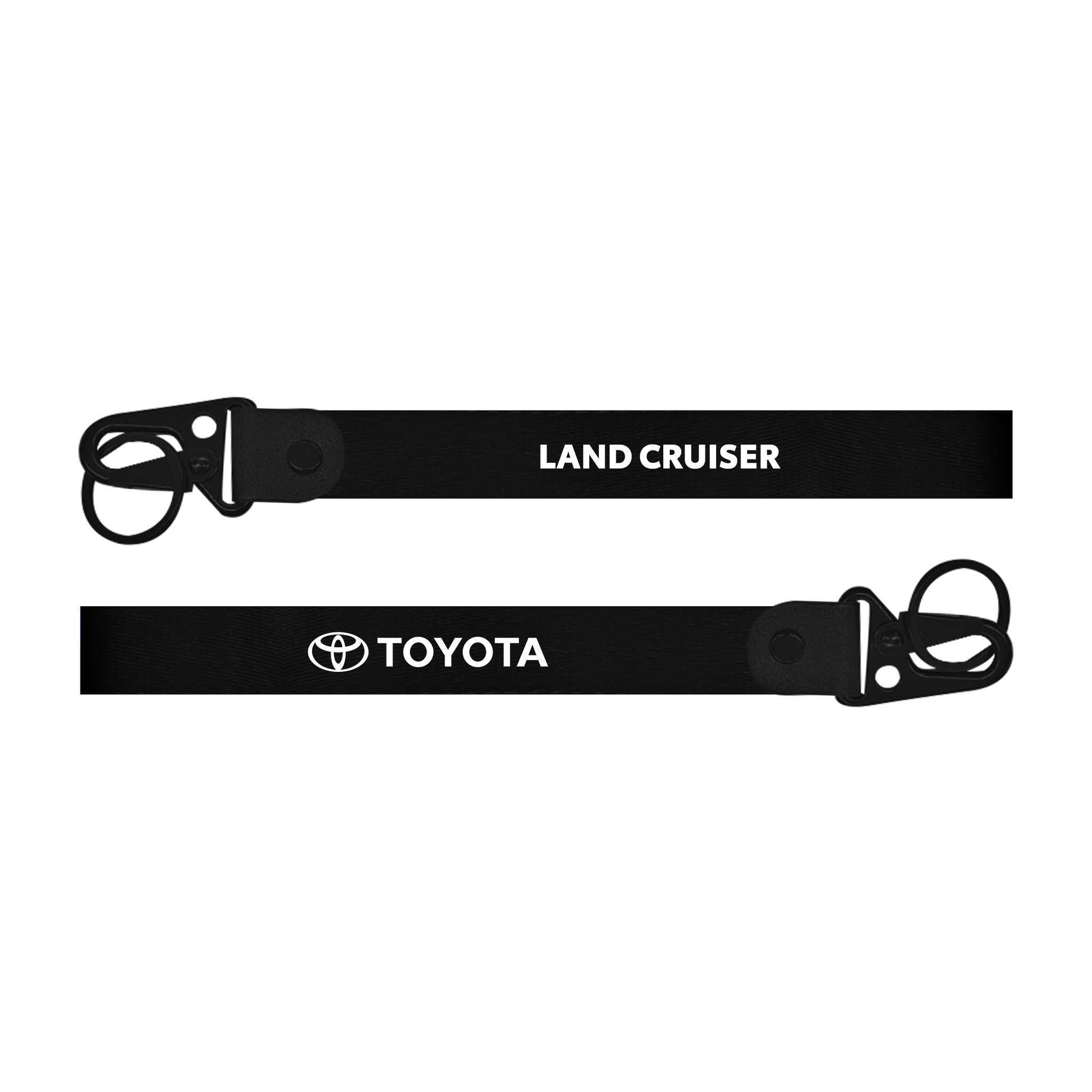 Black lanyard with 'Toyota Land Cruiser' text on a white background