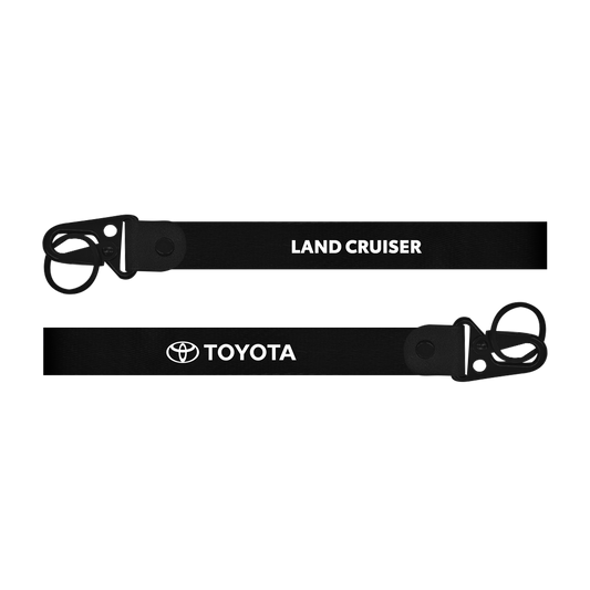 Black lanyard with 'Toyota Land Cruiser' text on a white background