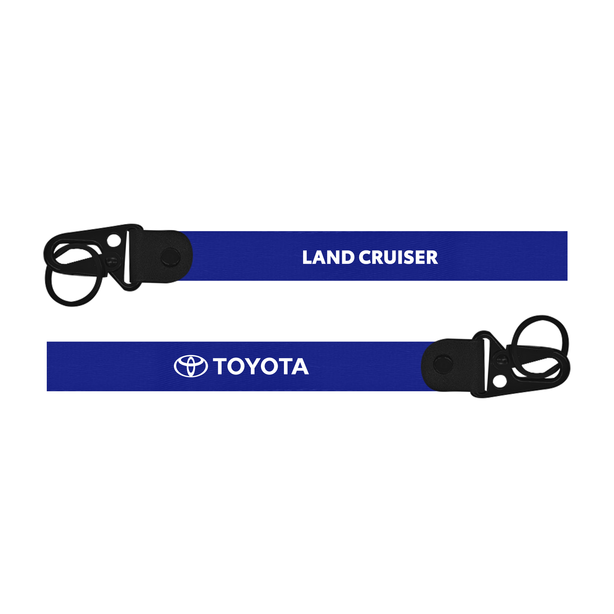 Two blue lanyards with 'Land Cruiser' and 'Toyota' branding on a white background