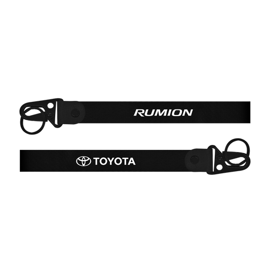 Two black straps with 'Rumion' and 'Toyota' logos on a white background
