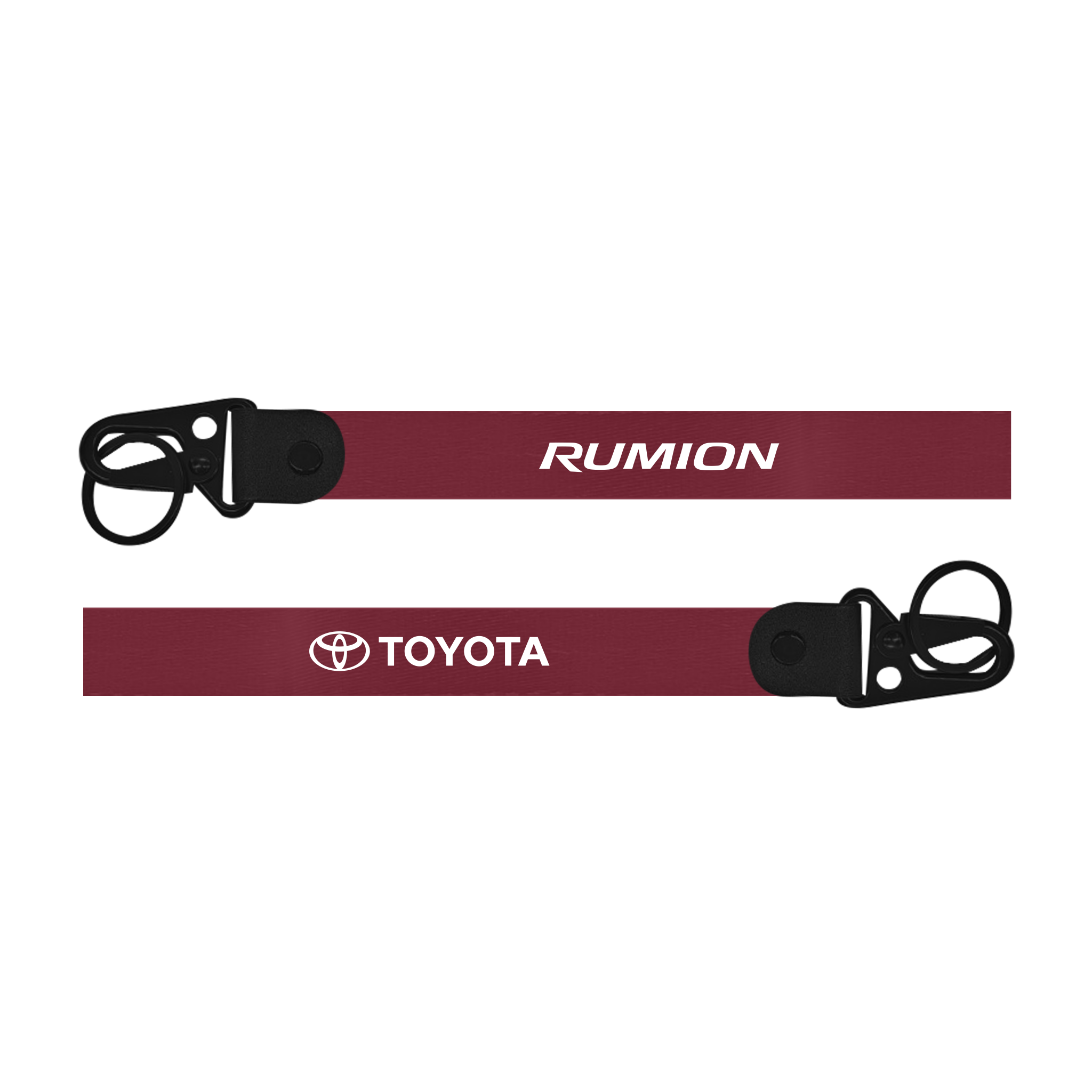 Two red lanyards with 'Rumion' and 'Toyota' logos on a white background
