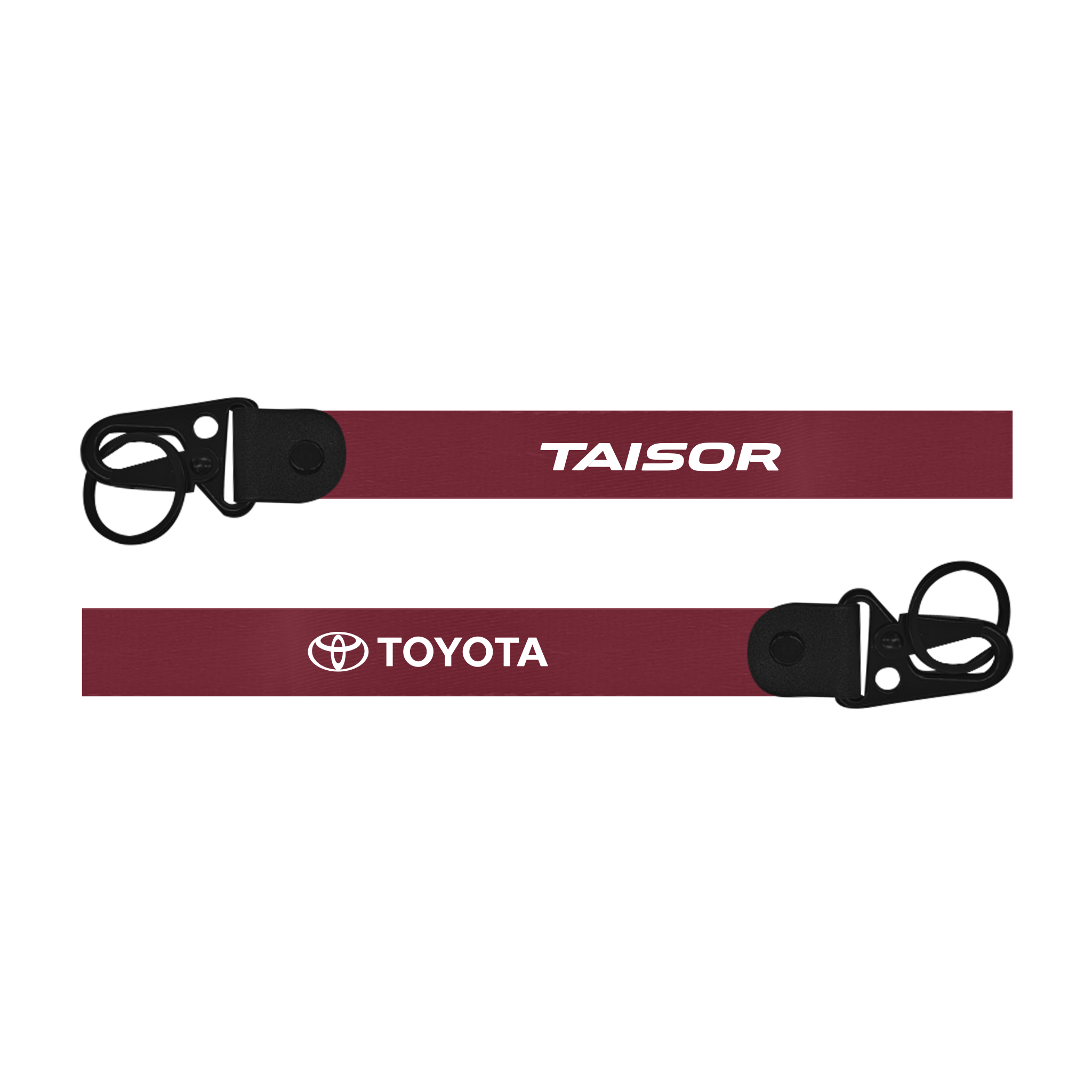 Two red lanyards with 'Taisor' and 'Toyota' logos on a white background