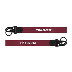 Two red lanyards with 'Taisor' and 'Toyota' logos on a white background