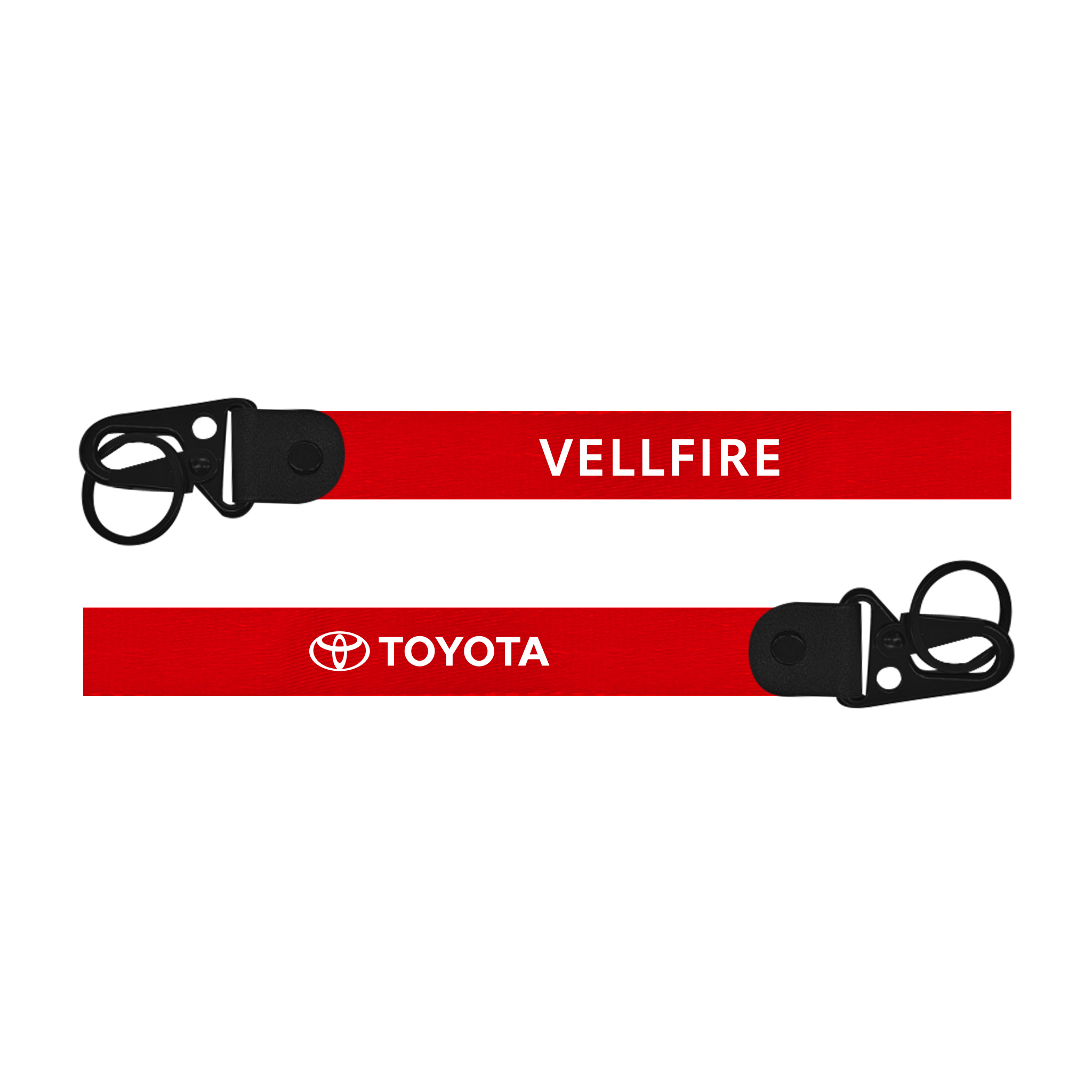 Red lanyard with 'Vellfire' and 'Toyota' branding on a white background