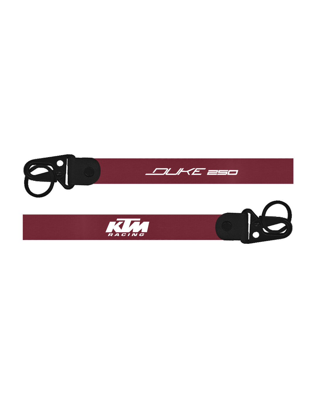 Maroon lanyard with black attachments featuring 'KTM Racing' and 'Duke 250' text on a white background.