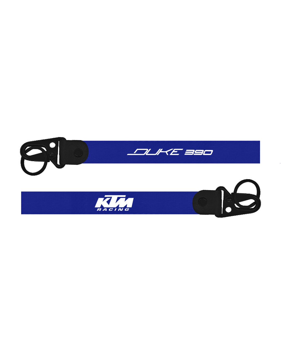 Two blue lanyards with black buckles featuring 'KTM Racing' and 'Duke 390' text on a white background.