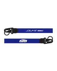 Two blue lanyards with black buckles featuring 'KTM Racing' and 'Duke 390' text on a white background.