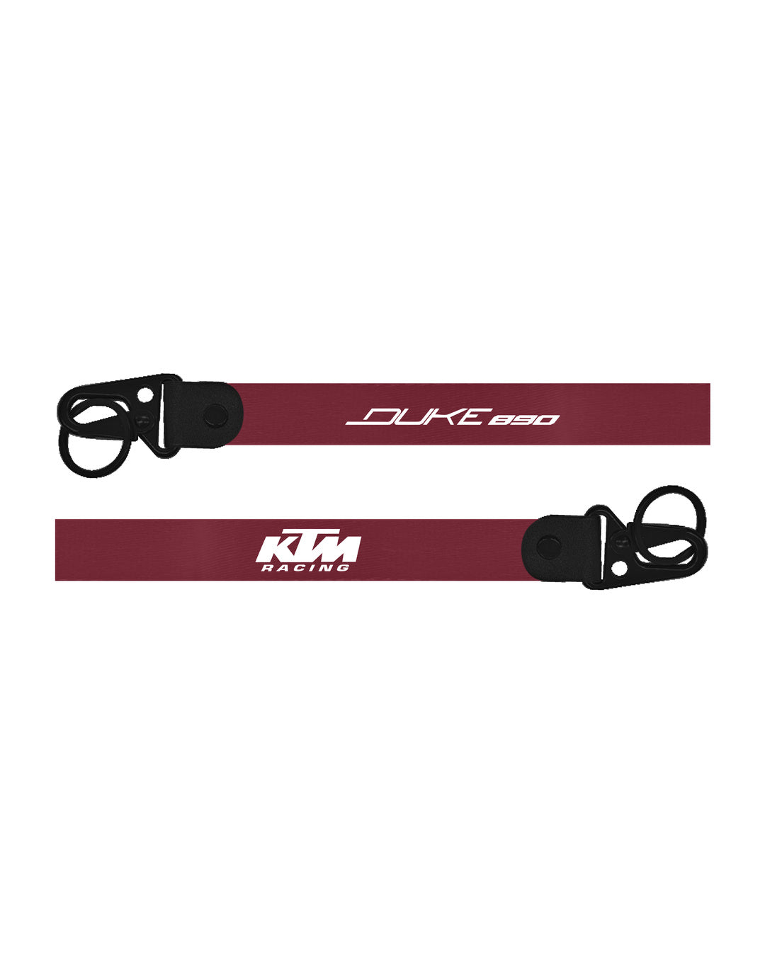 Two maroon straps with black buckles and KTM Racing branding on a white background