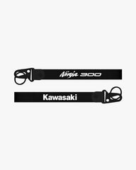 Two black lanyards with 'Ninja 300' and 'Kawasaki' text on a white background